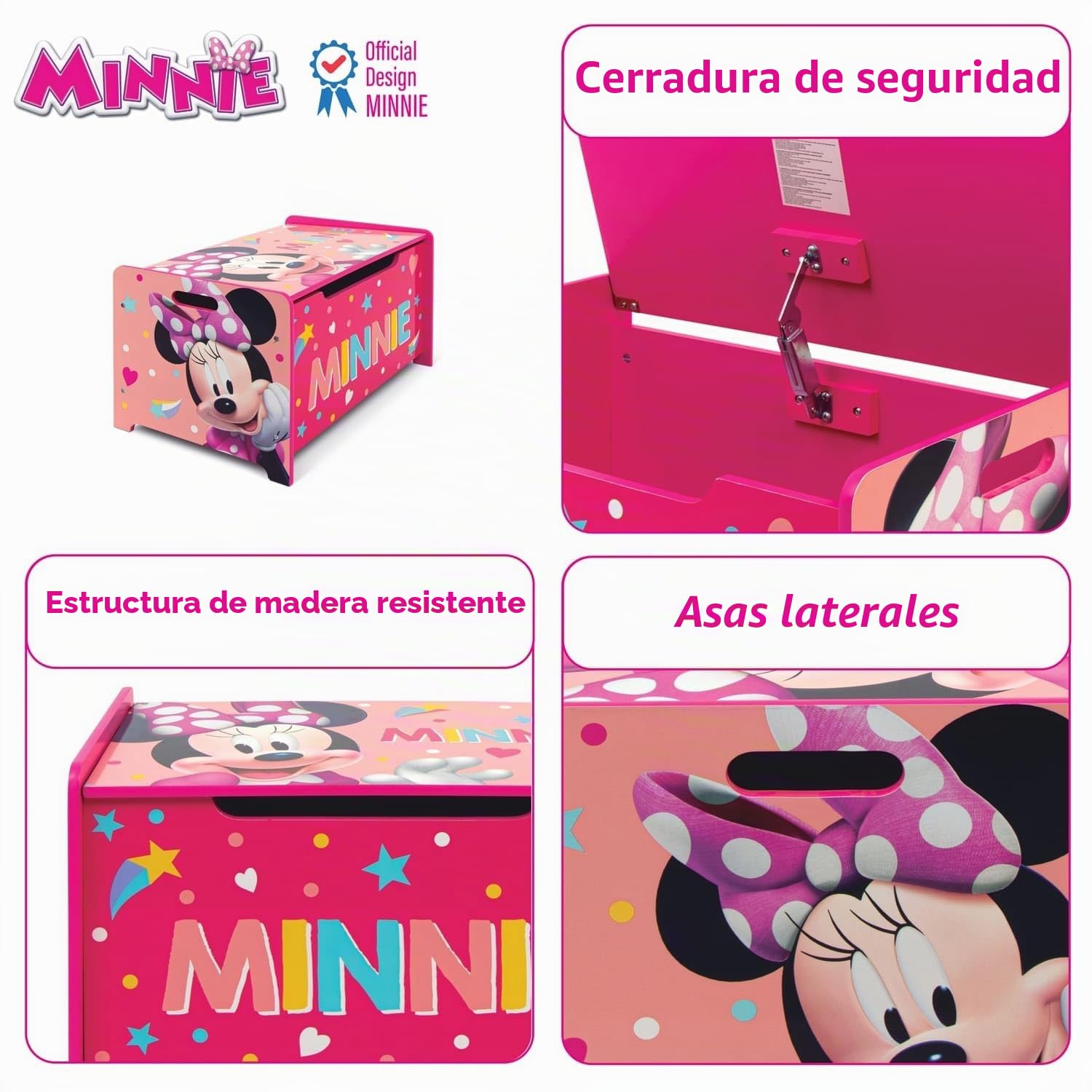 ARDITEX - Banco juguetero de madera de Minnie Mouse Licencia Oficial Disney - 62.5x40x37cm - Color rosa y blanco - Ideal para almacenar juguetes, ropa o cosas en un dormitorio infantil
