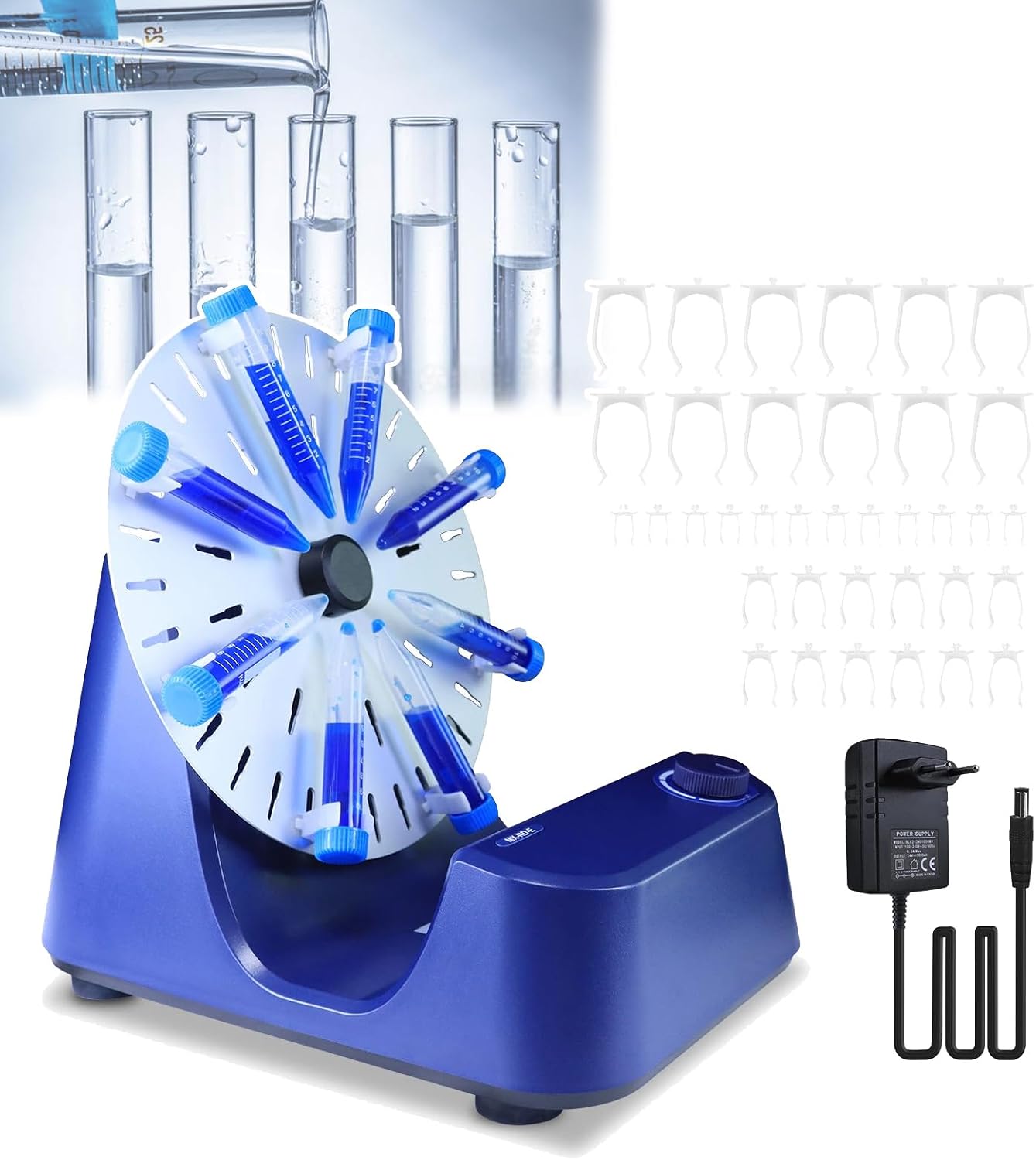 Laboratory Rotating Mixer(0-80rpm), 1.5/15/50ml Electric Continuous Mixing Vortex Mixer, 360° Rotation Evenly, with 3 Types of Fixtures,for Labs/Classrooms,A