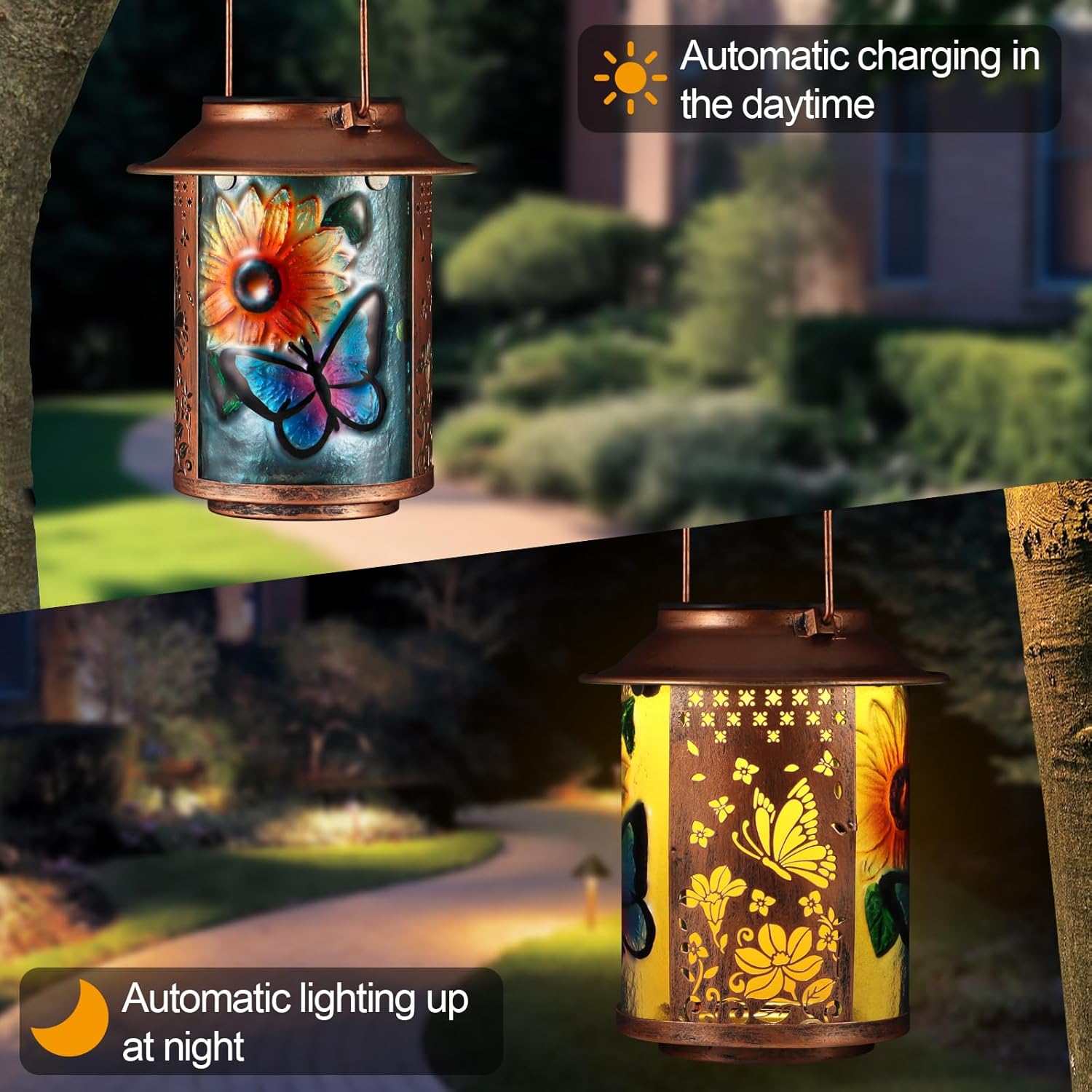 Butterfly Solar Lanterns Outdoor Waterproof, Birthday Gifts for Women Mom Grandma , Metal Garden Decor Hanging Solar Lights Outside Decorative for Yard Patio Backyard Porch Decorations(Sunflower) - Image 2