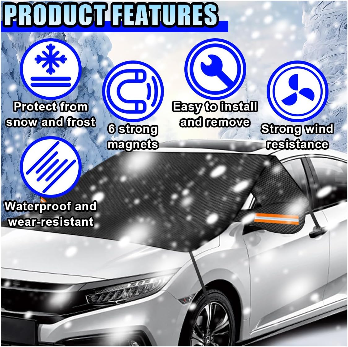 Car Windshield Ice Snow Cover with Magnetic Edges, Heavy Duty Oxford Fabric Windscreen Protector Cover with Side Mirror Covers, Winter Waterproof Frost Cover for Car Truck SUV RV (Orange)
