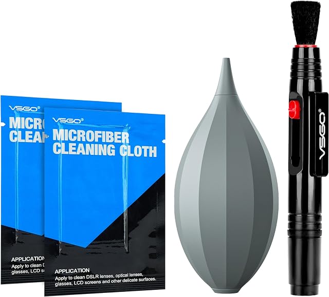 VSGO 4-in-1 Kit de nettoyage d'appareil photo pour Canon, Nikon, Sony DSLR Caméras, Air Blouse, stylo à brosse à lentilles, vêtements en microfibre (VS-A13E)