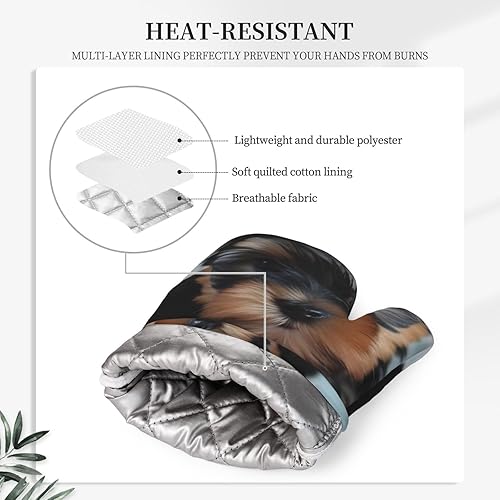Miniatura 5 de Yorkie - Juego de guantes de horno y soportes para ollas con estampado para cachorros, resistentes al calor, antideslizantes, forro suave, guantes
