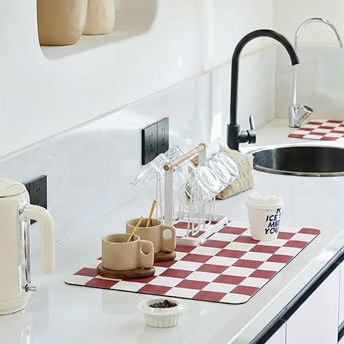 Miniatura 12 de Tapete de secado de platos a cuadros para encimera de cocina, accesorios de estación de cafetería, estética, retro, moderna, absorbente, tapete