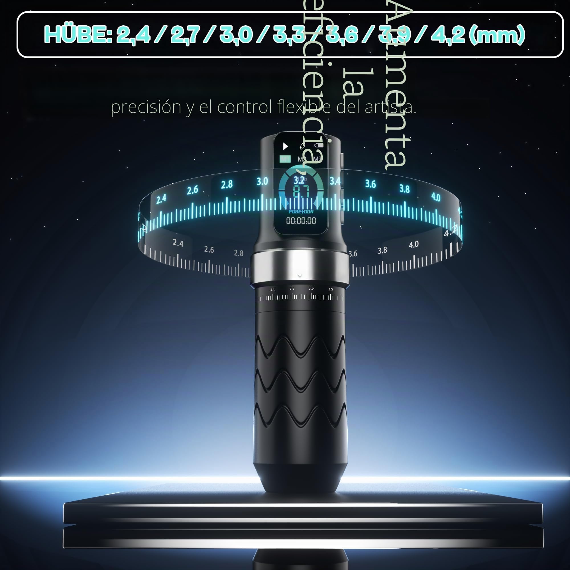 Kit de máquina de tatuaje inalámbrica POSEIDON con 7 ajustes de hub, dos baterías de 2300 mAh, modo normal/punteado y pantalla LED - Dispositivo de tatuaje inalámbrico profesional para principiantes