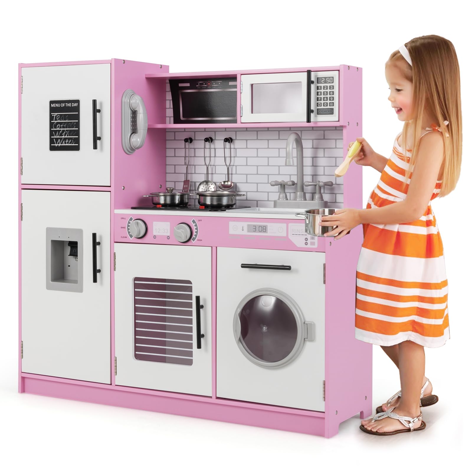 Maxmass Wooden Kids Kitchen Play Set, Toddler Pretend Toy Kitchen with Light, Sound, Telephone, Water Dispenser, Microwave, Oven, Utensils, Children Role Play Kitchens for 3+ Years Old (Pink)
