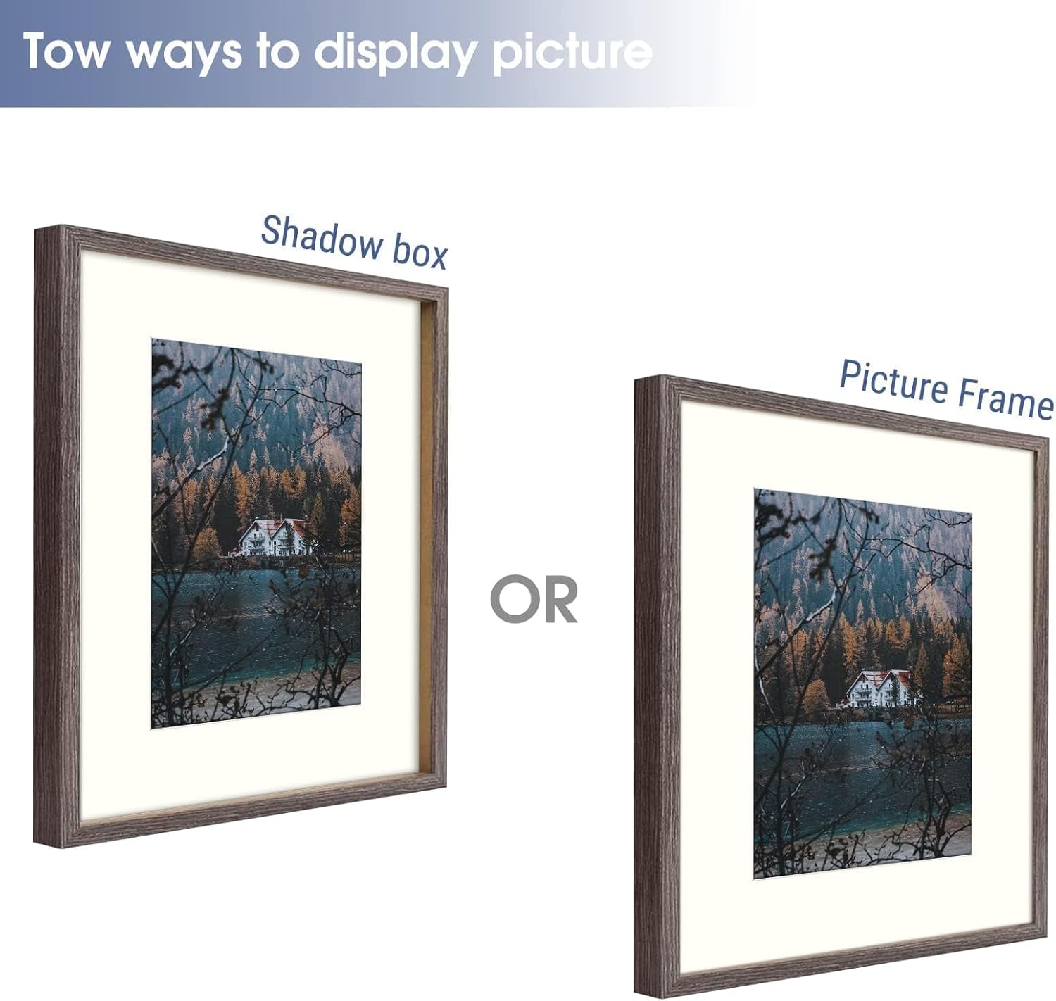 Frametory, 11x14 Picture Frame with Mat for 8x10 Photo - Country Rustic Style - High Definition Glass Wide Molding - Preinstalled Wall Mounting Hardware (Rustic Brown, 2 Pack)