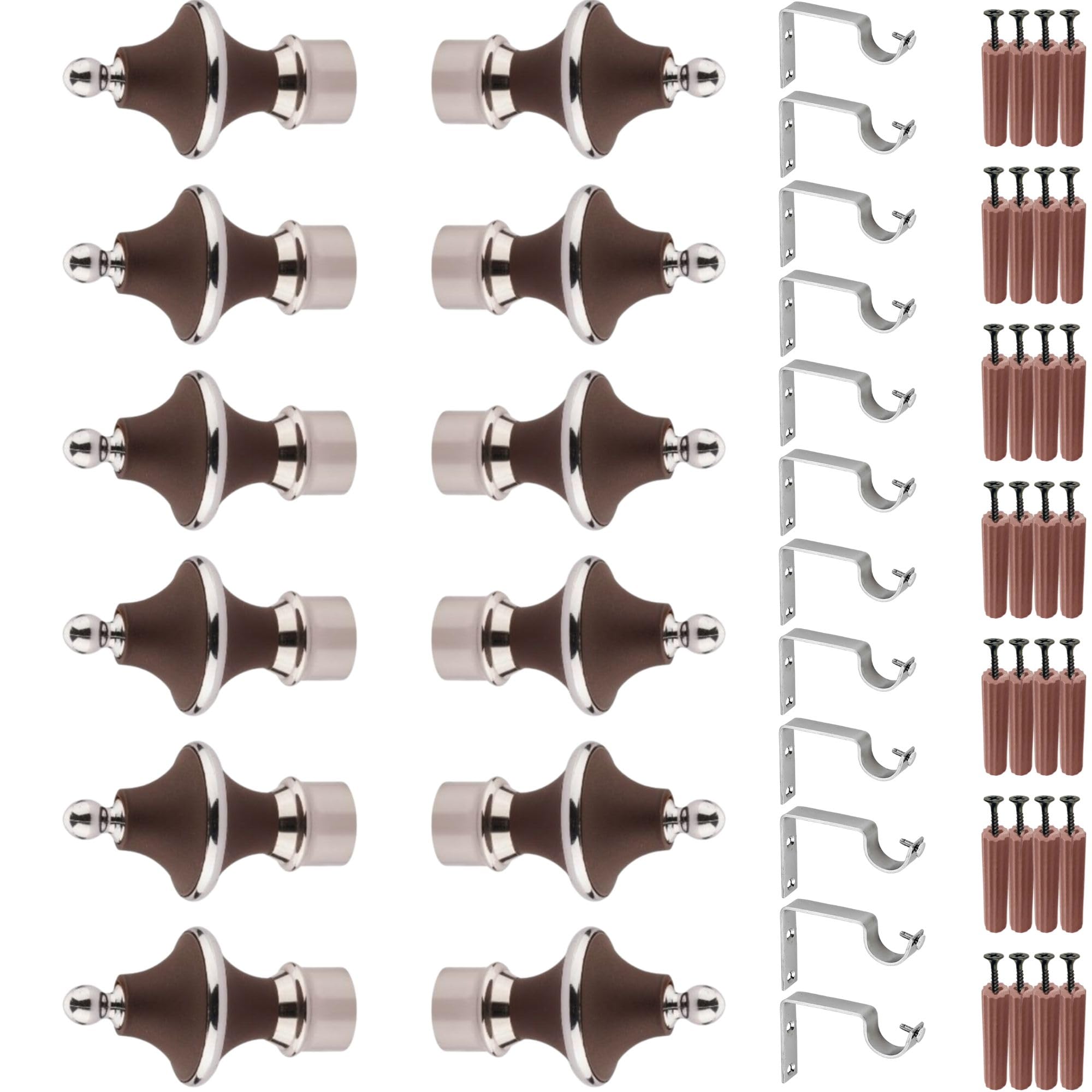 GRIVAN Stainless Steel & ABS Curtain Bracket Parda Holder with Support 1 Inch Rod Pocket Finials Designer Door and Window Rod Support Fittings, Curtain Rod Holder (Pair of 6 , Dark Brown )-image-9