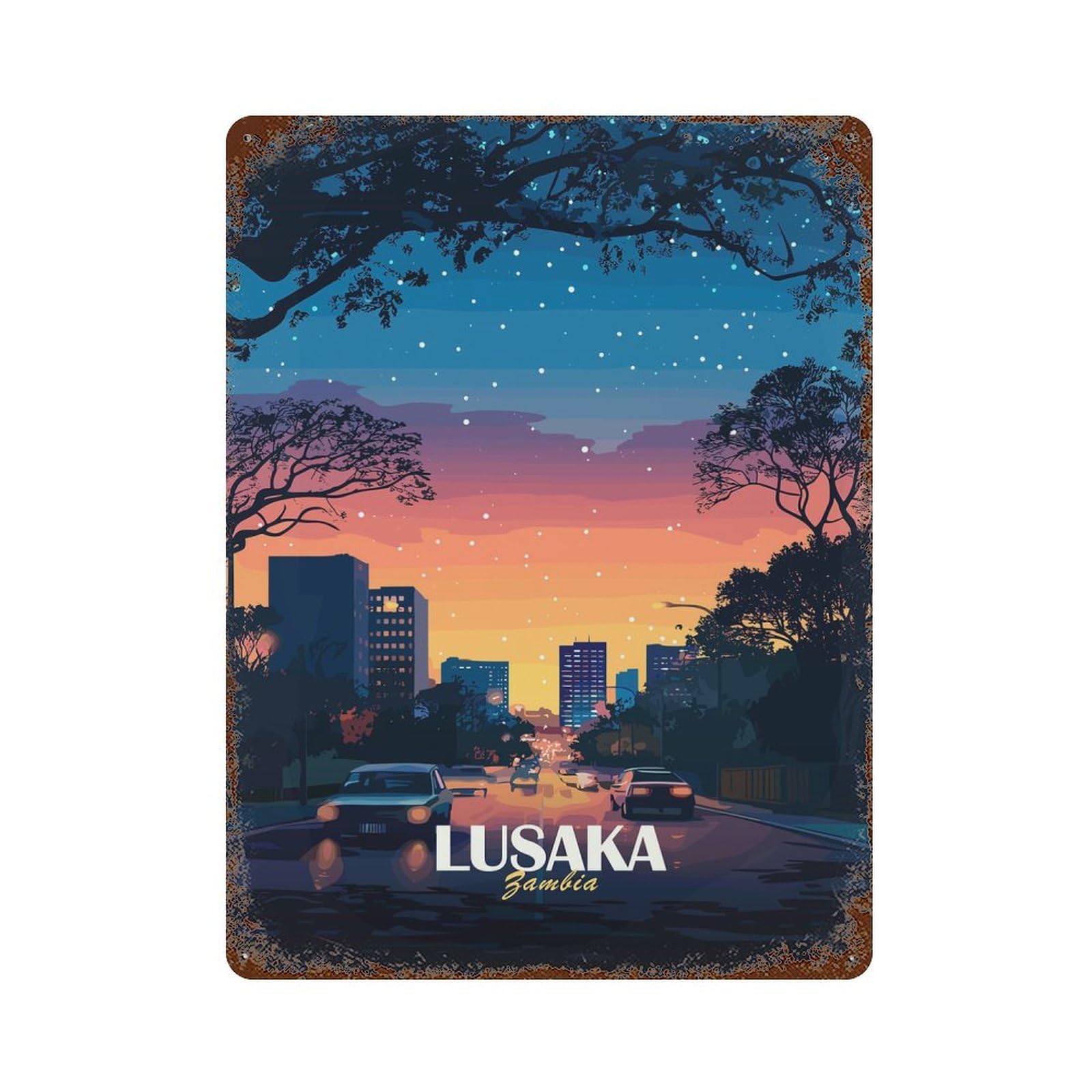 Lusaka Zambia Cityscape at Dusk Rusty Metal Tin Sign 15.7"x11.8", Ideal for Farmhouse, Kitchen And Entryway Decor