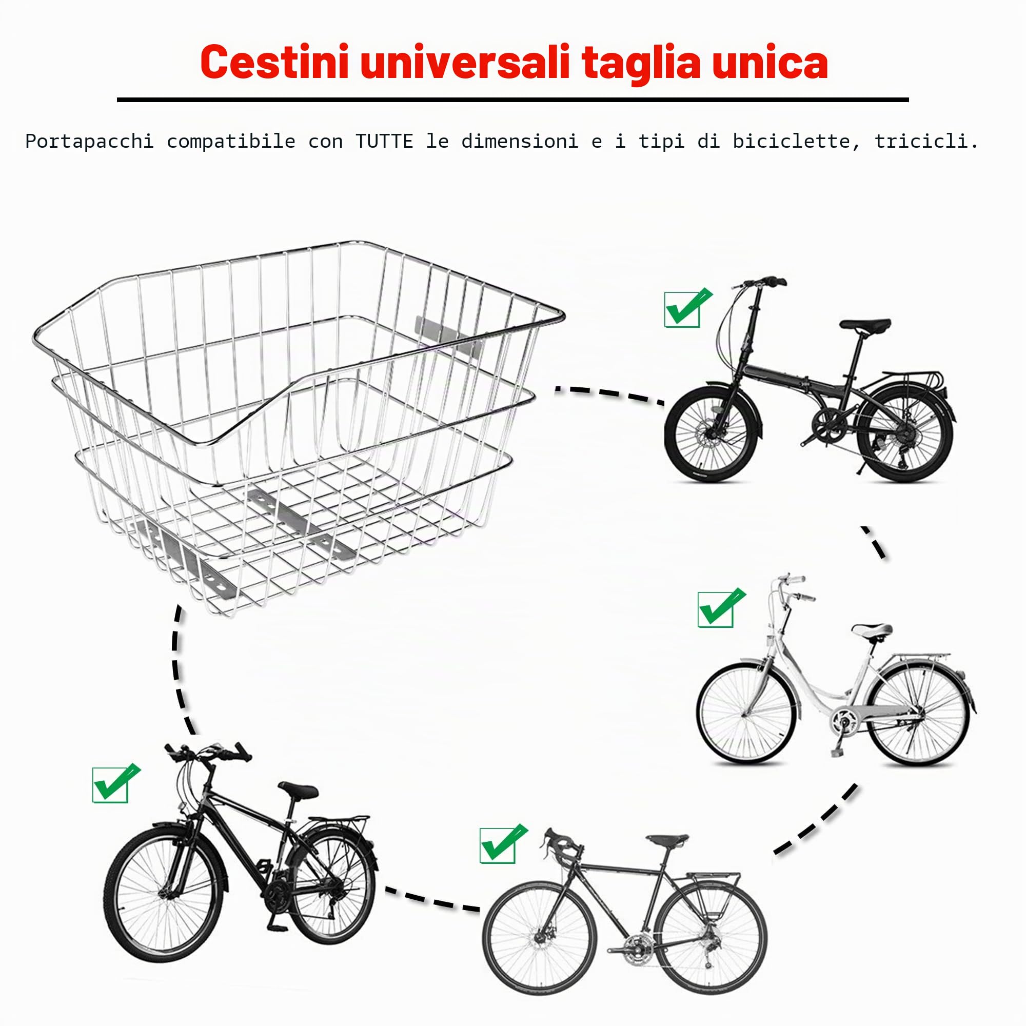 Cestino Bicicletta Posteriore Acciaio Inox 30L Peso 50kg Adatto a Biciclette e Biciclette Elettriche Portapacchi Posteriore