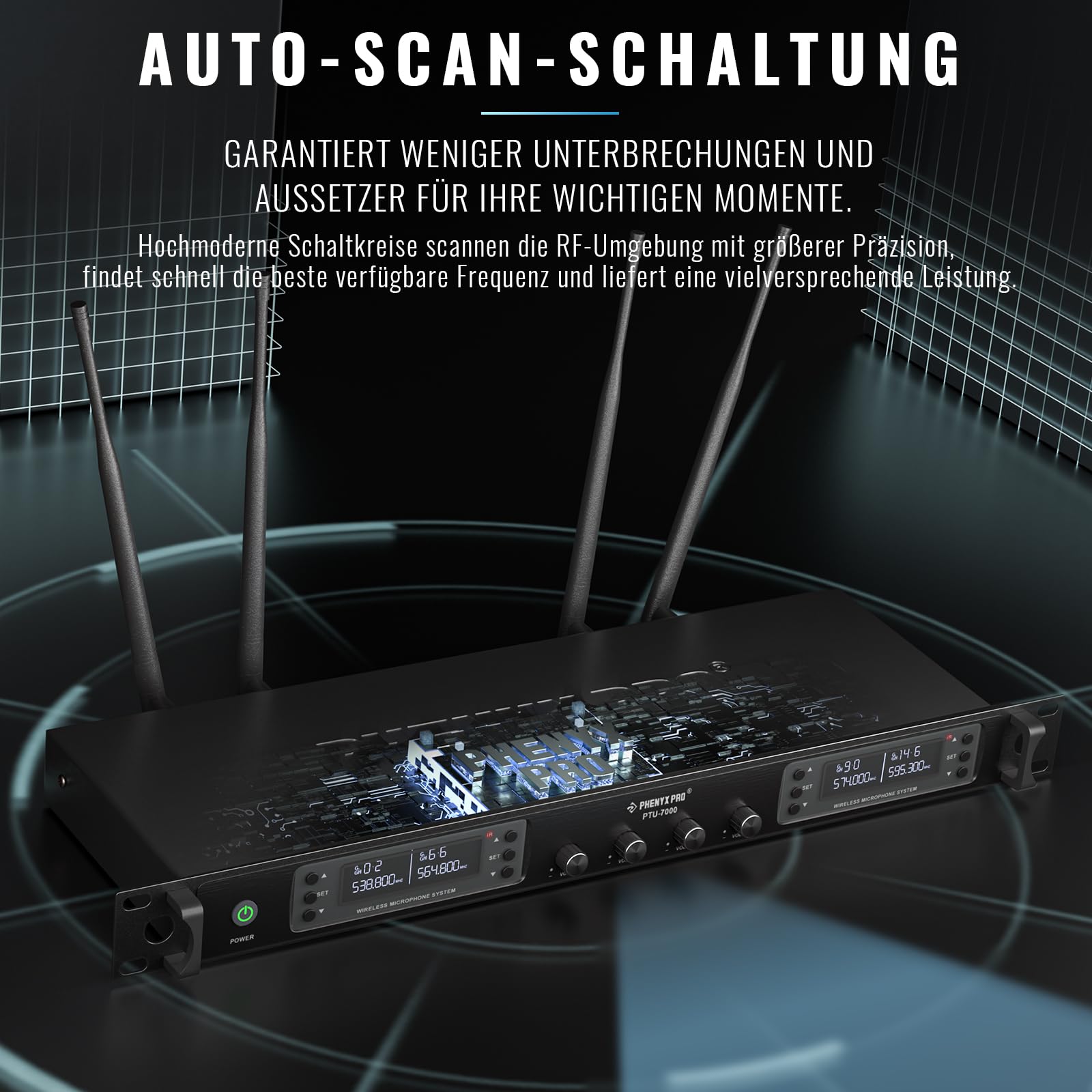 Phenyx Pro 4-Kanal Kabelloses Mikrofon-System mit Handheld PTU-7000-2H2B | Bodypack, Headset und Lapel Mics - 4x40 Kanäle wireless mikrofon, Auto Scan, 328ft Reichweite - Ideal für Karaoke und Gesang