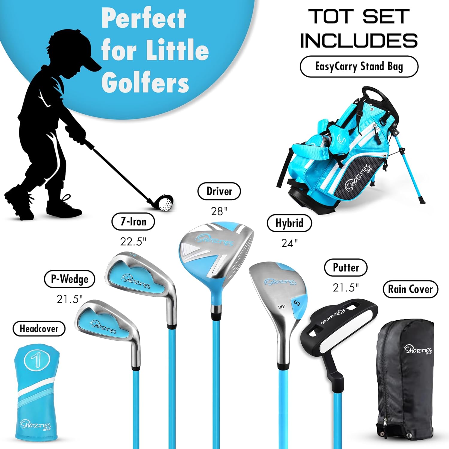 Shorties Golf Tot Kids Golf Club Set 38"-42" (Blue Right) with Magnetic Mallet Putter Cover | Driver, Hybrid, Irons, Putter & Stand Bag + Premium Protective Headcover Bundle