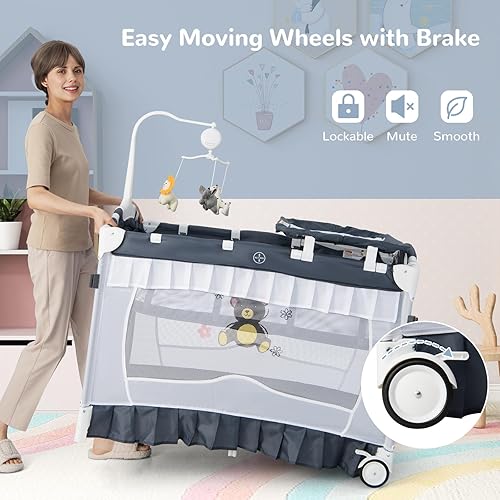 Miniatura 5 de HONEY JOY Parque y Juego 4 en 1 con Toldo, Corralito Portátil para Bebé con Mesa Cambiador y Moisés Infantil, Juguetes Lindos y Música, Moisés