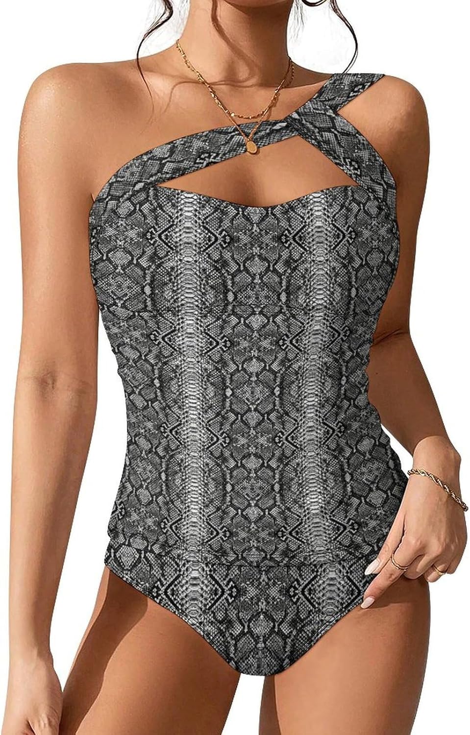 Women's Two Piece Dolphin Tankini Swimsuits One Shoulder Tummy Control Bathing Suits Swim Tops with Bottom Swimwear XXL