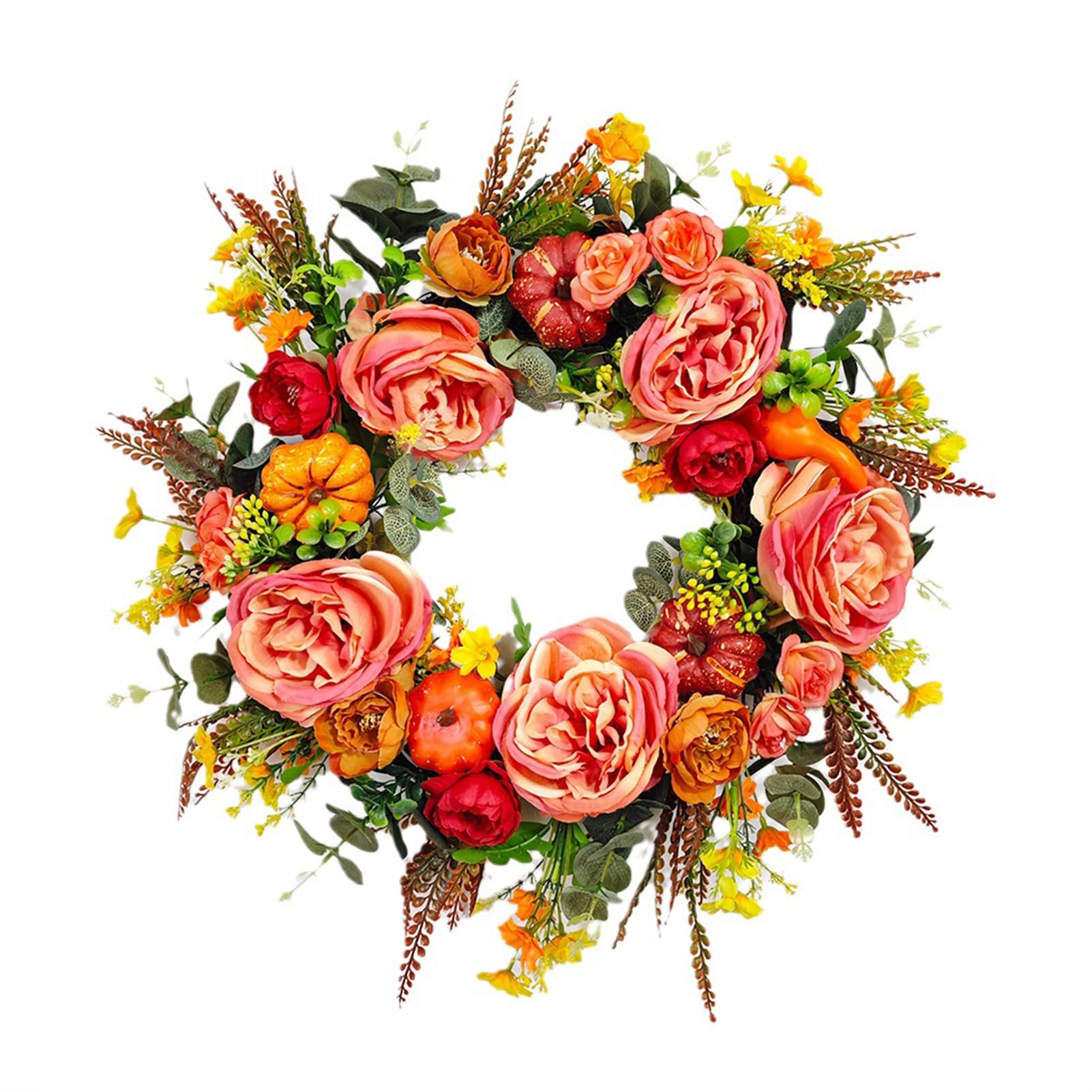 Couronne d'automne de 19,6 pouces avec citrouilles artificielles pour décoration de porte