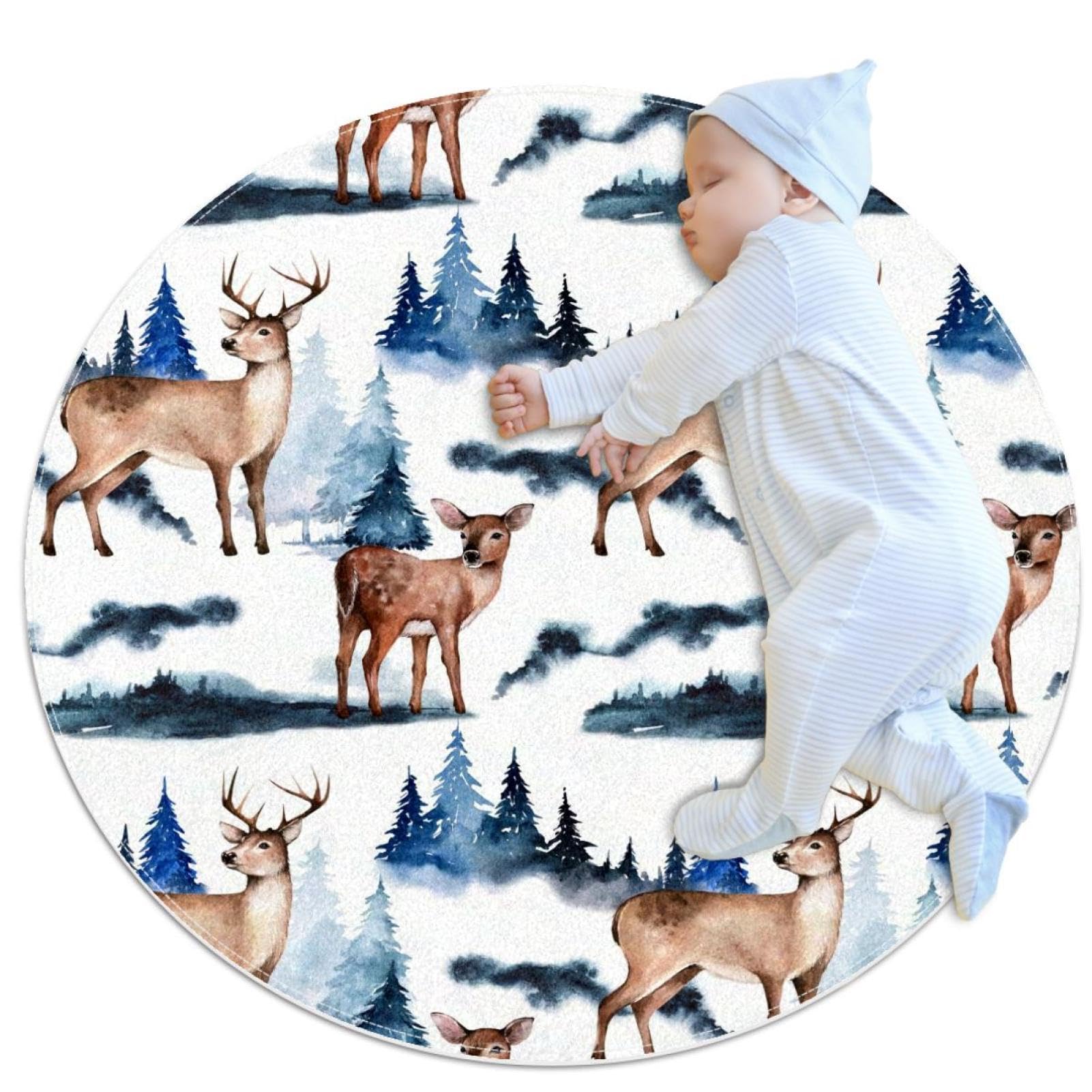 Tapis antidérapant rond motif bébé cerf et camomille, diamètre 1m pour décoration