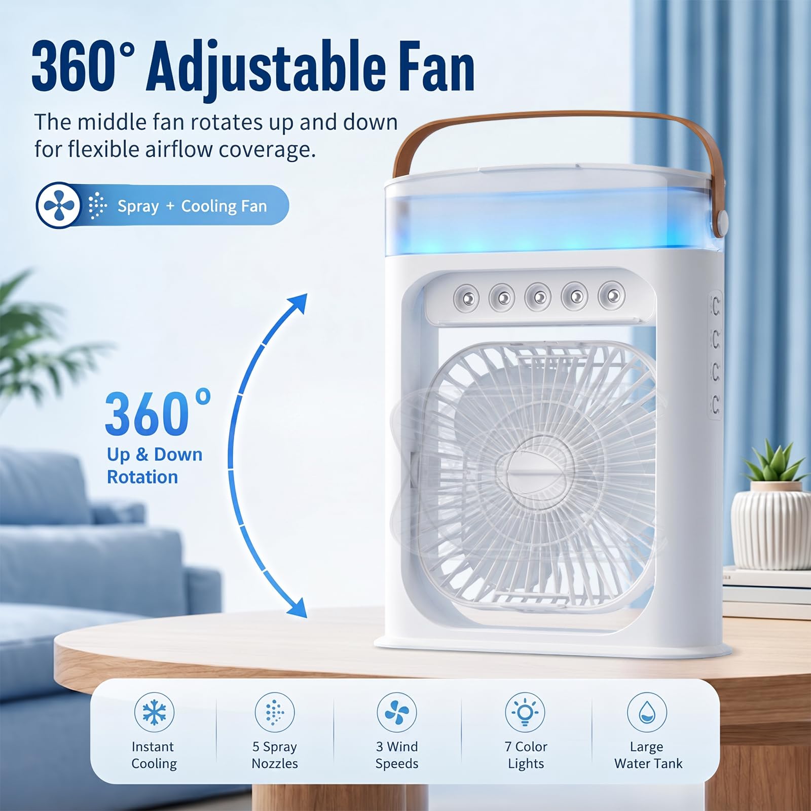 Przenośny mini klimatyzator 4 w 1, chłodnica powietrza 500 ml, przenośna klimatyzacja, chłodnica powietrza, wentylator USB, 3 prędkości, 3 tryby mgły, 7 kolorowych świateł, 1-3 h timer