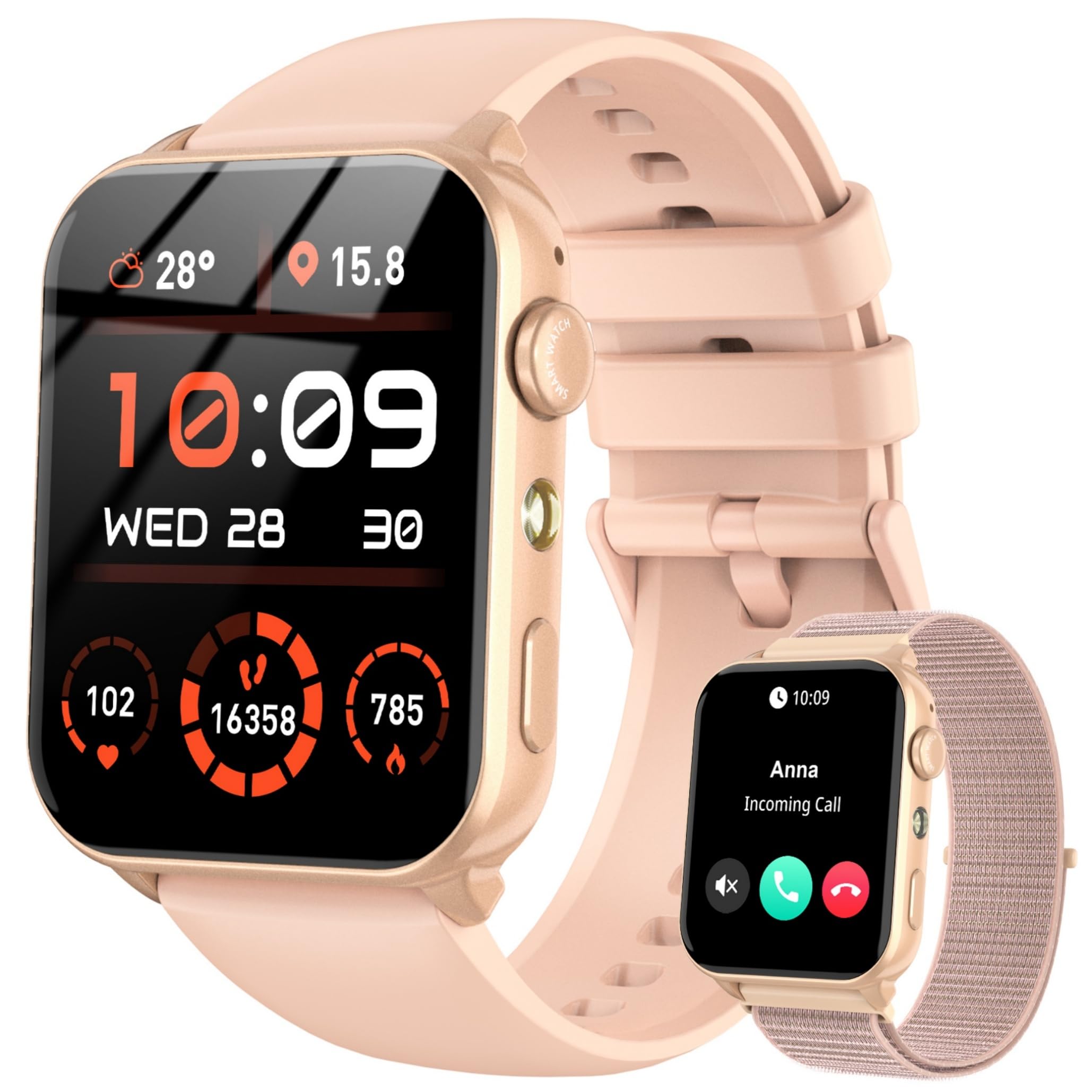 IOWODO Reloj Inteligente Hombre Mujer, Smartwatch Mujer con 2 Correas,1.91" Reloj Deporte con Funciún Llamadas y Whatsapp Mensajes Bluetooth,100 Modos Deporte para iOS Android Teléfono (Rosa) ClimeCo Certified
