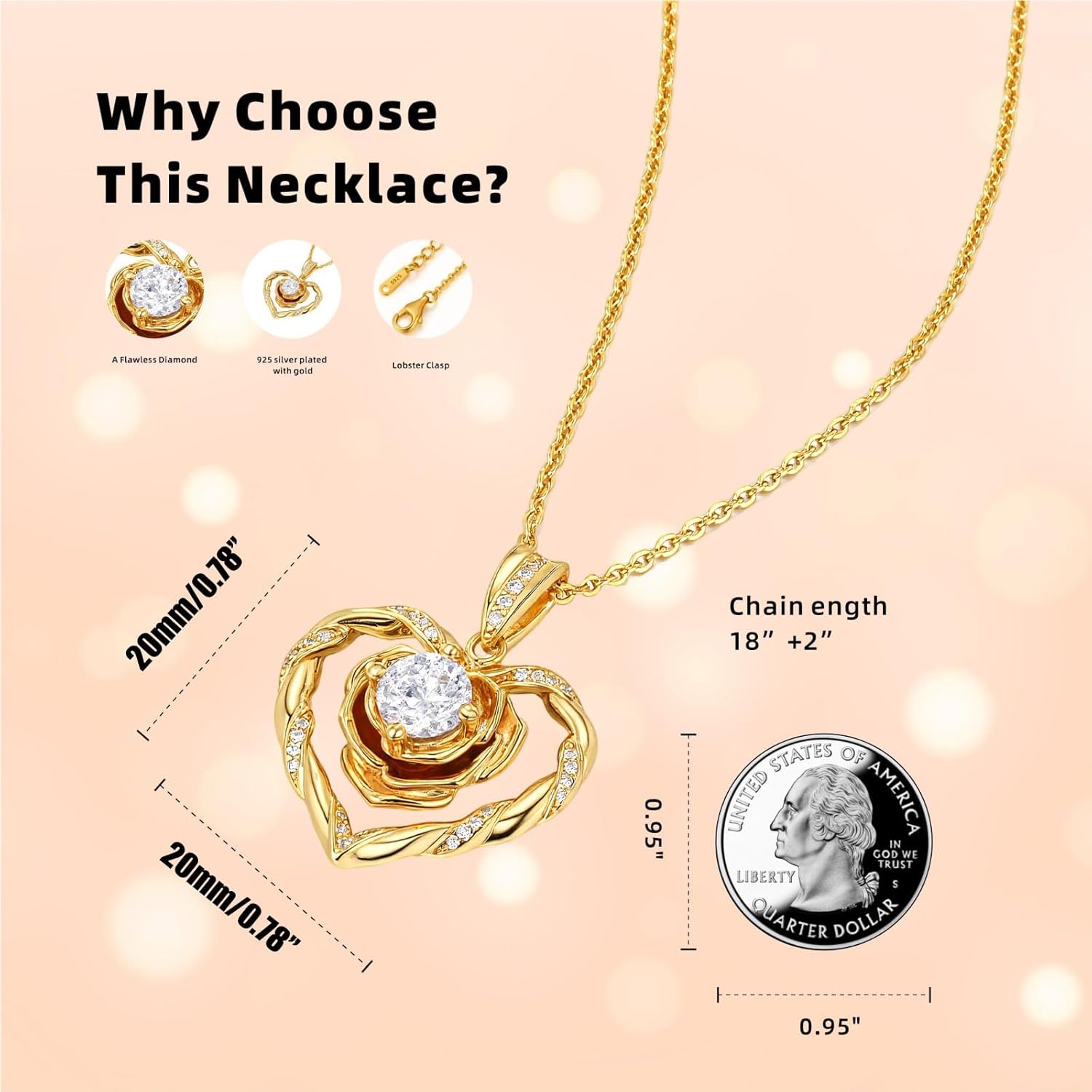 18K Gold Plated over Sterling Silver Rose Heart Necklace Birthday Gifts for Women-Adjustable Chain Jewelry gift for her, Girlfriend, Wife, Mom on Birthday, Anniversary - Image 5