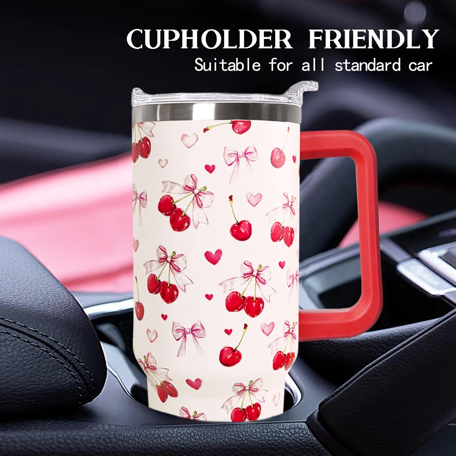 Ceovfoi 40oz Cherry Bow Coffee Mug Cup Water BottlesTumbler With Handle Lid and Straw,Cherry Decor Stuff Accessories - Image 6