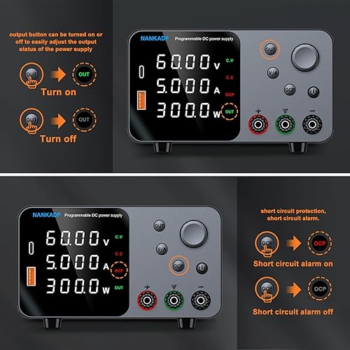 Miniatura 27 de Fuente de alimentación CC, fuente de alimentación de banco de 30 V 10 A con ajuste de codificador, carga rápida USB y tipo C de 5 V/3.6 A, fuentes