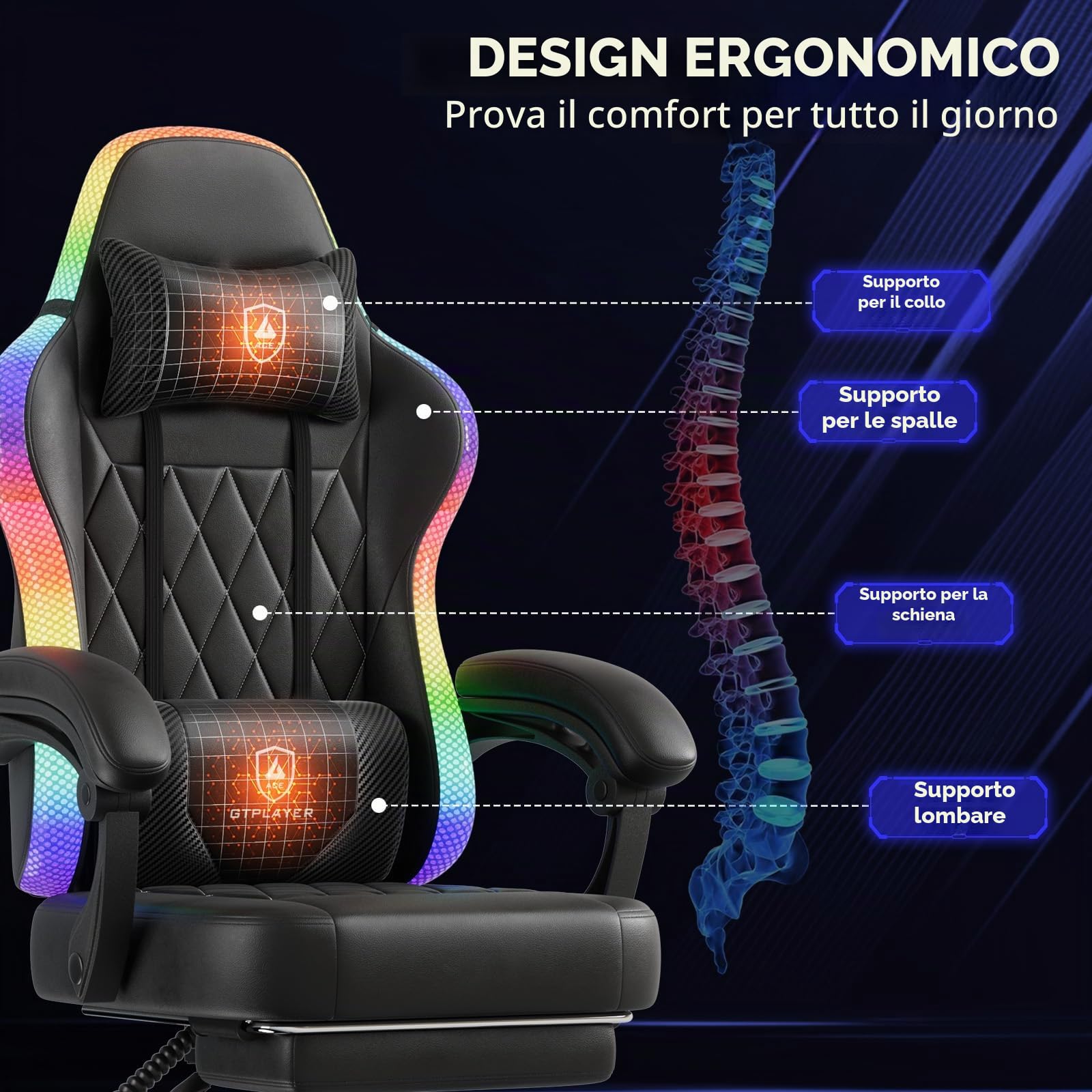 GTPLAYER Sedia da gioco, sedia da ufficio, sedia da gioco con barra luminosa a LED, sedia da giocatore, schienale con custodia, sedia ergonomica in PC con telecomando