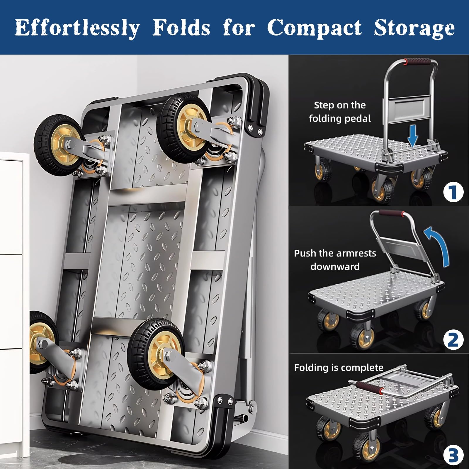Plattformwagen 500 kg, Robuste Klappbarer Transportwagen, 90x60cm | Sackkarre mit Kollisionssicherem Gummistreifen und 360°-lenkrollen für Lager und Werkstätten, Silber