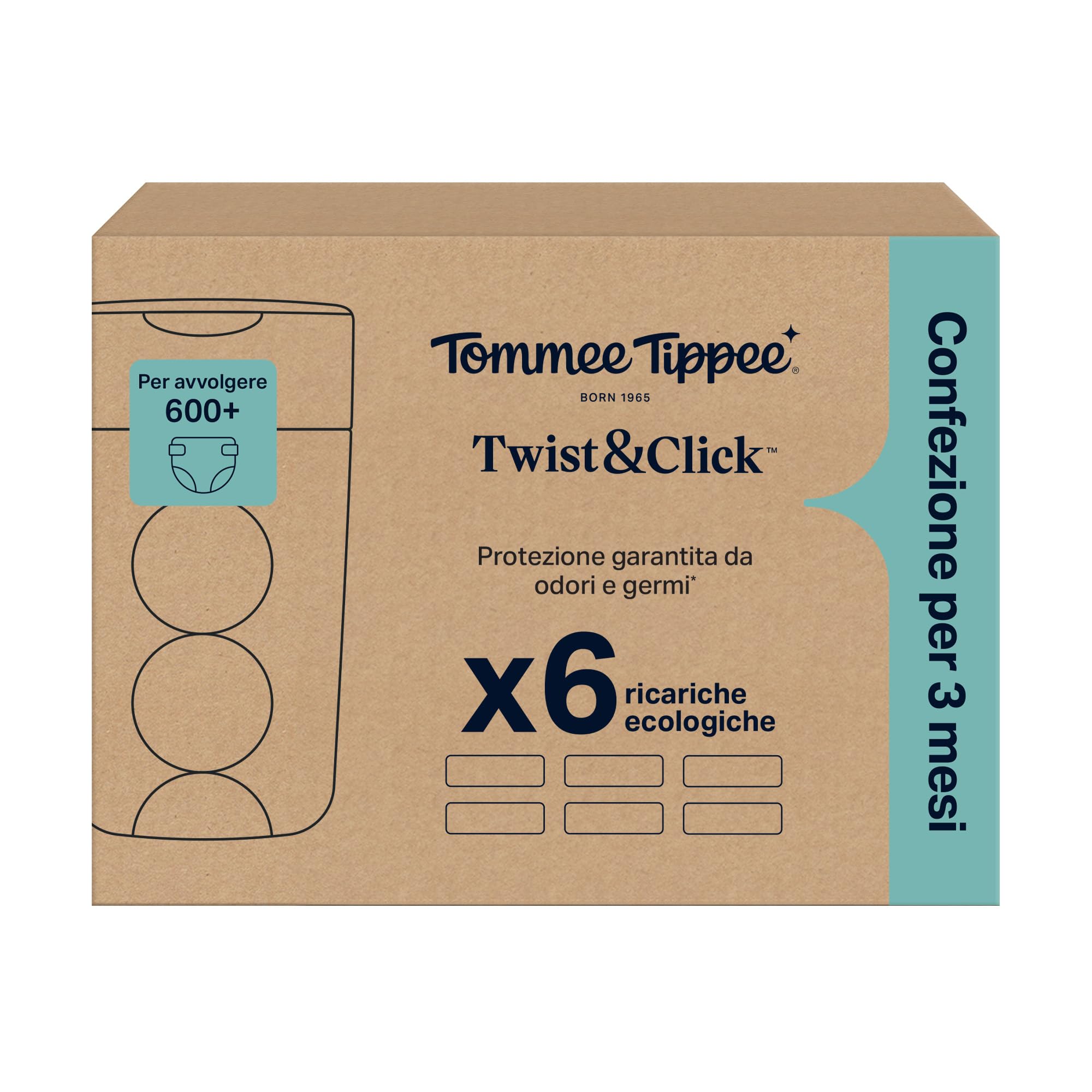 Tommee Tippee Sacchetti per mangiapannolini Twist & Click, 6 ricariche da 10,5 metri, pellicola antibatterica* multistrato, da inserire nella ricarica in uso, 6 x 10,5 m