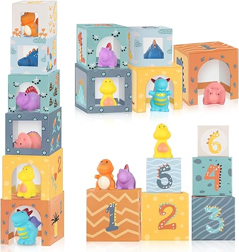 BELEEV Juguetes de aprendizaje de dinosaurios para niños pequeños de 1, 2 y 3 años, 12 bloques de juguetes apilables de animales, anidación de