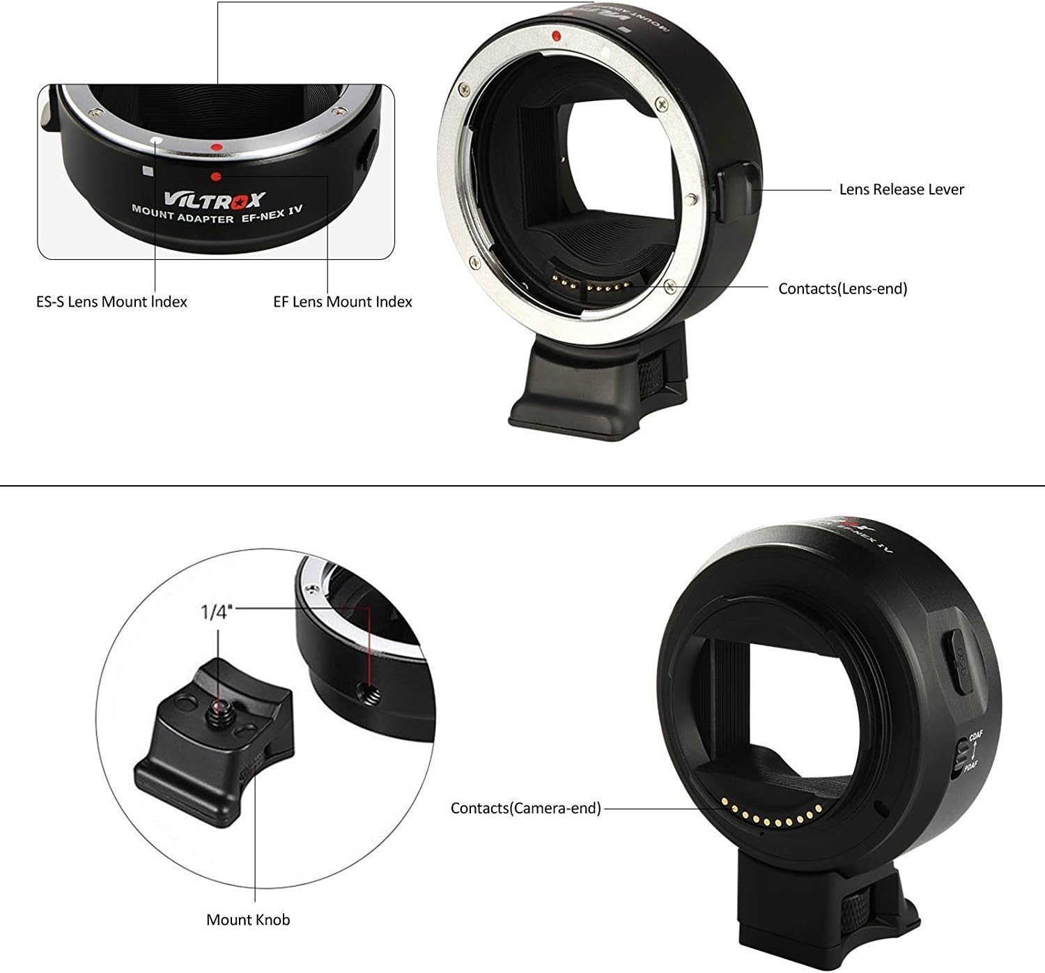 Diagram of VILTROX EF-NEX IV lens adapter components.