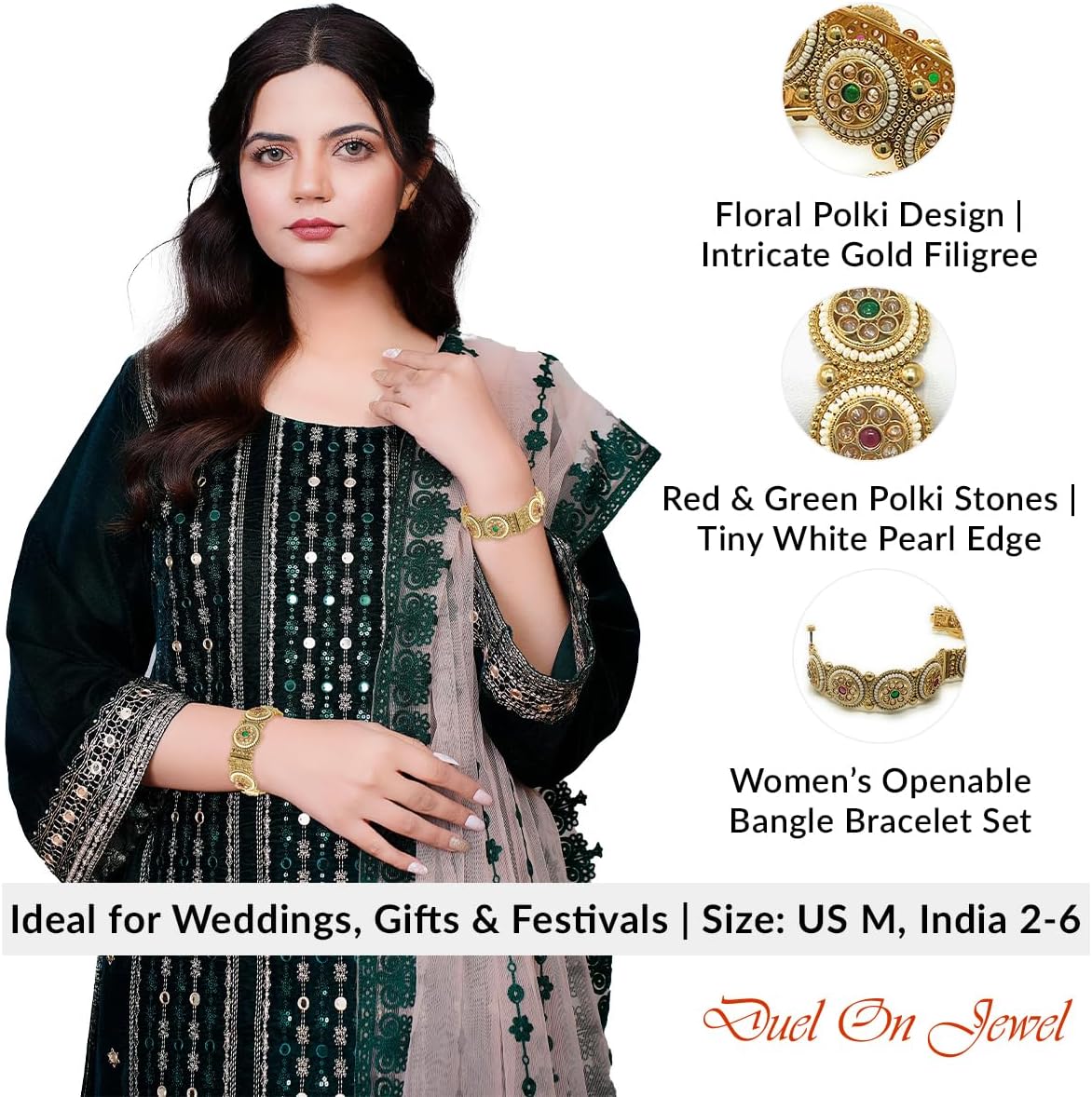 Duel On Jewel Indian Pakistani Bridal Women’s Openable Kada Bangle Bracelet Sets, Gold-Plated with Zircon, Polki, Meenakari Enamel, Filigree Designs, 0.75-1.38 Inch Width, Medium Size 2-6, Party Gift