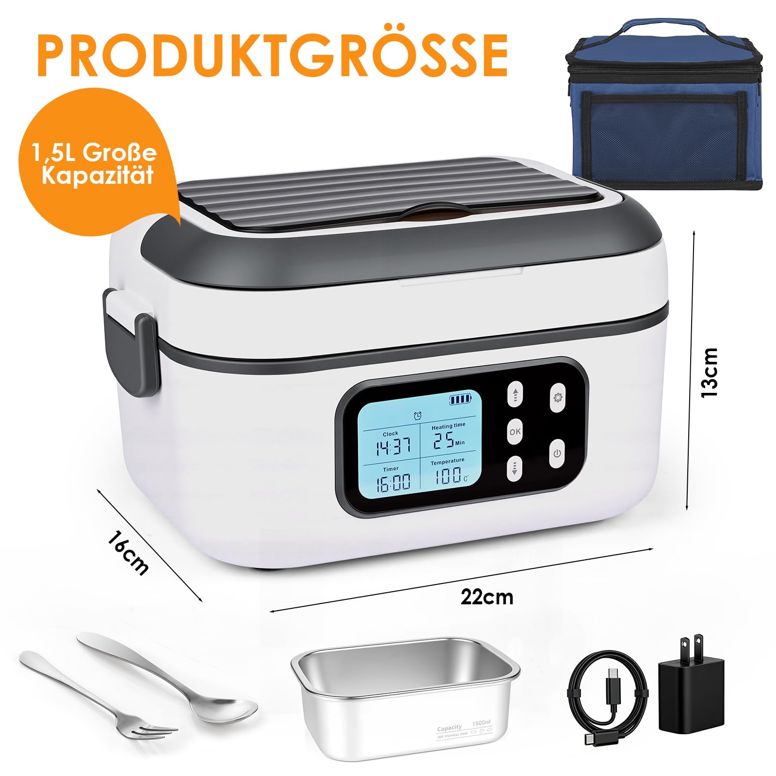 Dreamhigh 1,5 L Elektrische Lunchbox Mit Akku mit 24000 mAh, Lunchbox Elektrisch mit Auslaufsicheres Design & zeitgesteuerter Aufheizfunktion für Auto, Arbeit & Camping (weiß)