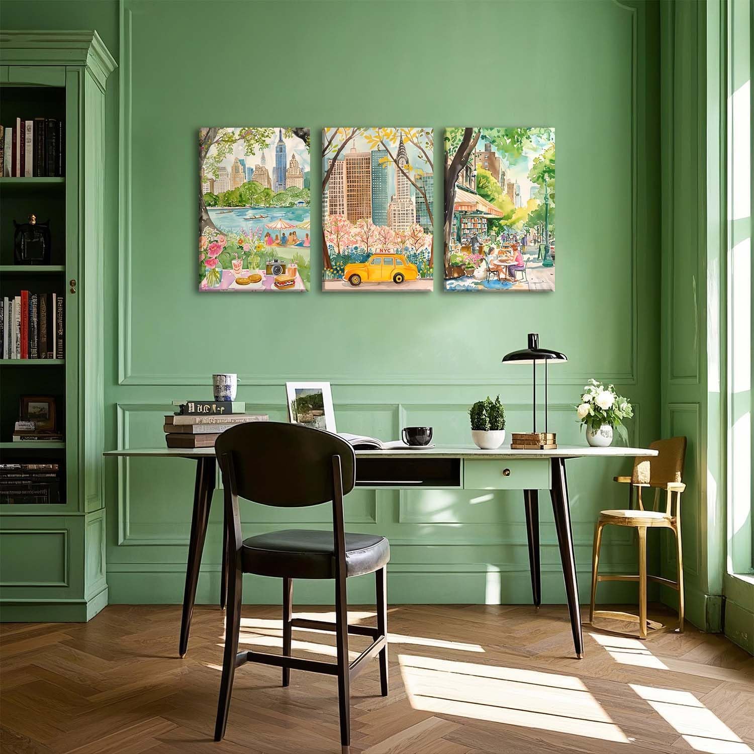 XLARTMY New York City Poster Travel Wall Art Canvas Framed Watercolor NYC Central Park Landmarks Artwork Decor Painting Prints Pictures Set of 3 for Bedroom Living Room Bathroom Office 16x24in