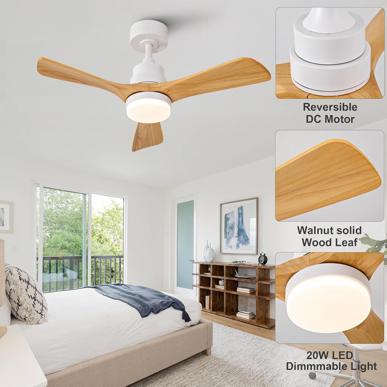 Dimmable 36 Inch Wood Ceiling Fans with Lights and Remote Control - Outdoor Ceiling Fan with Light 3 Blades Outdoor Ceiling Fans for Patios White Bedroom Ceiling Fan with Lights for Porch