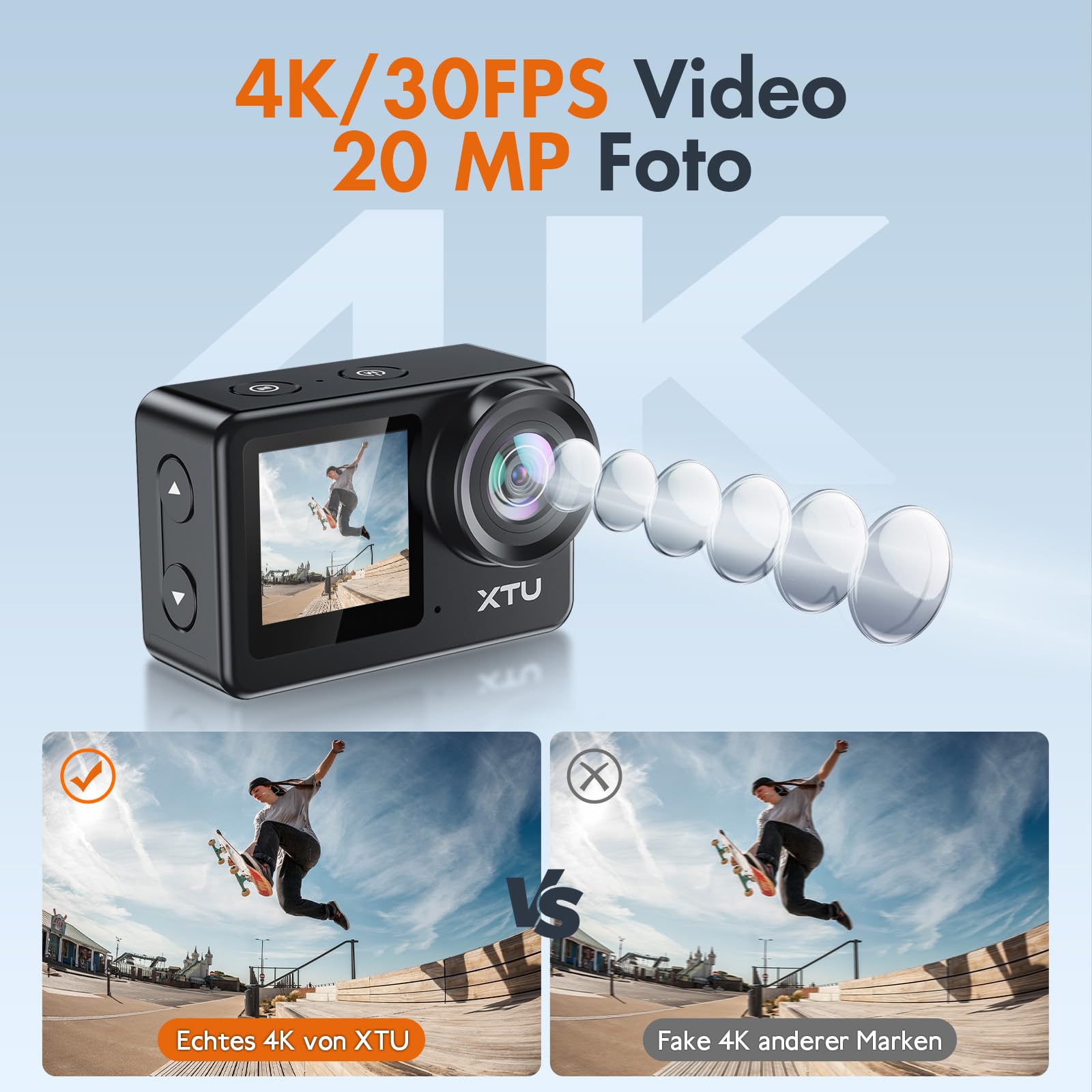XTU S6 Action Cam 4K WiFi – Action Kamera mit 4K/30FPS, 20MP, EIS Bildstabilisierung, 170° Weitwinkel, Unterwasserkamera 40m, Touchscreen Actionkamera für Motorrad, Fahrrad & Outdoor