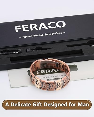 Miniatura 7 de Feraco Pulsera de cobre para hombres 3 veces más fuerza, pulsera de terapia magnética de cobre con potentes imanes de 3800 Gauss, cierre plegable de