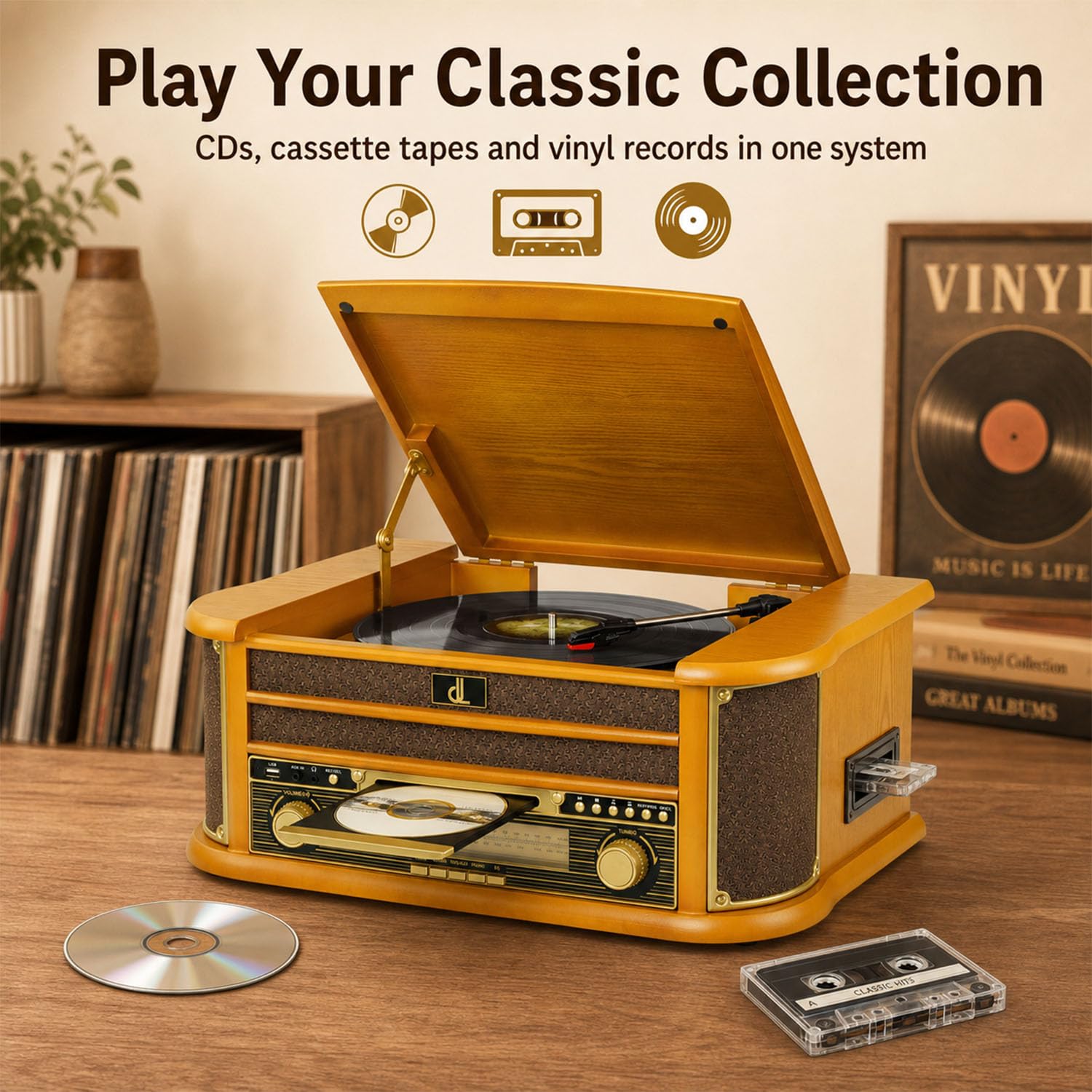 DL Giradischi vinile con altoparlanti e registrazione USB all-in-one, sistema stereo vintage con lettore CD, cassette, radio AM/FM, ingresso ausiliario, centro musicale