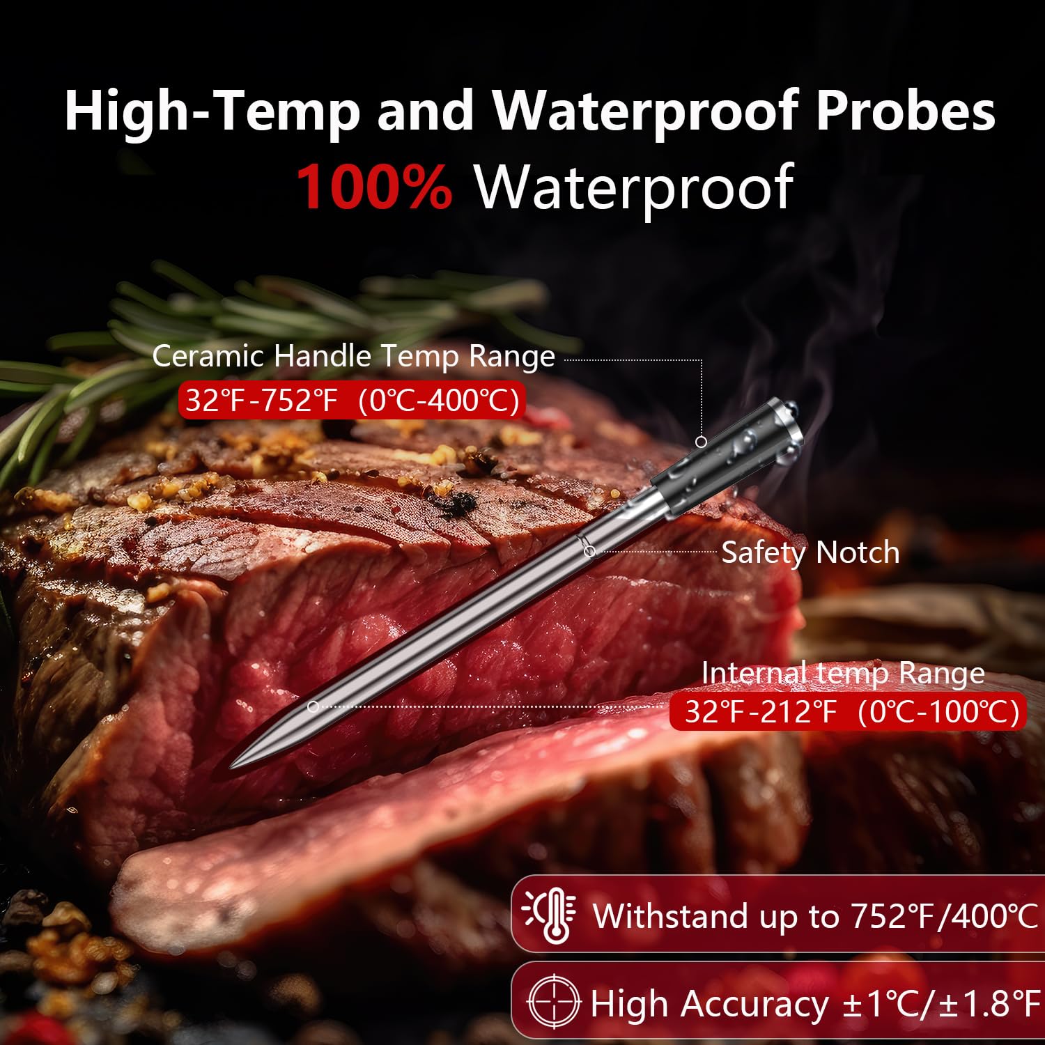 BFOUR Termómetro inalámbrico para carne con 2 sondas, termómetro de asado Bluetooth digital inalámbrico para asar, horno de barbacoa, control de aplicación, precisión ± 0,5 ℃, termómetro impermeable
