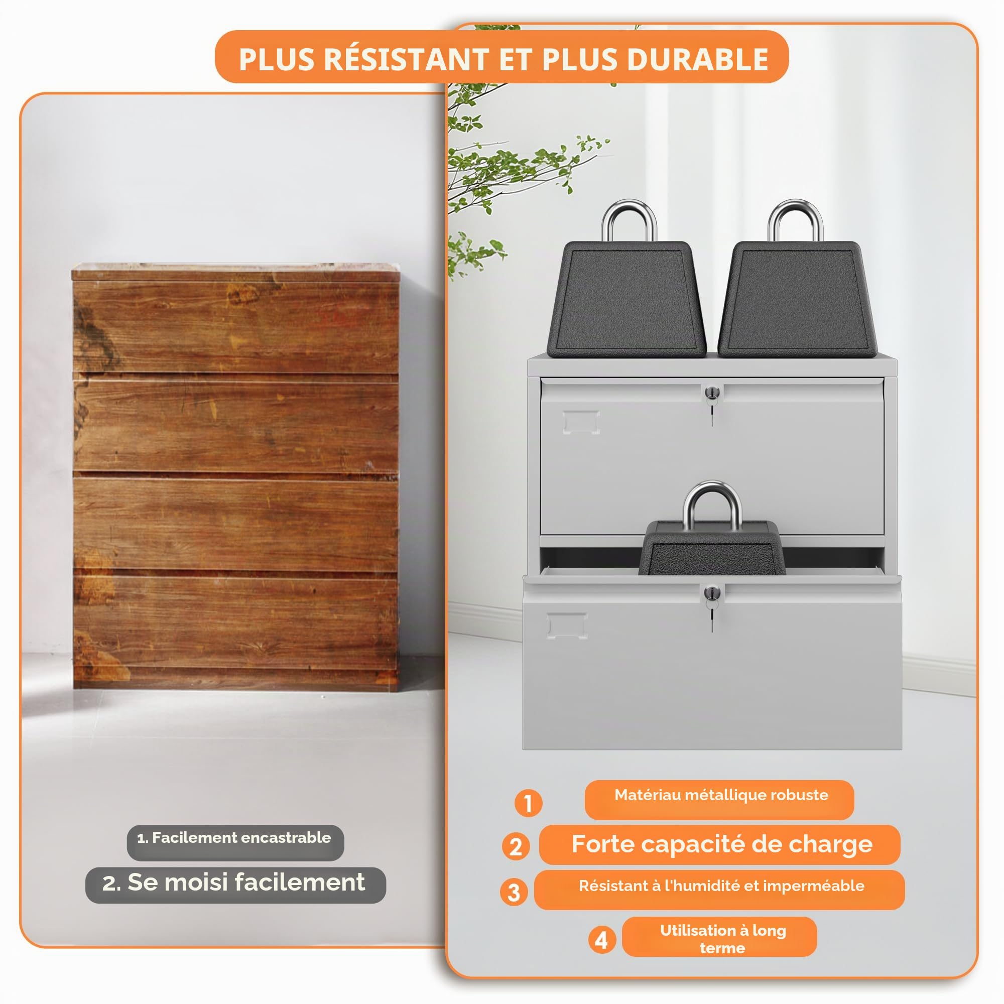 Armoire de rangement en métal avec 2 tiroirs, grand volume de rangement, armoire de classement avec serrure, grande capacité, adaptée pour la maison, le bureau, blanc