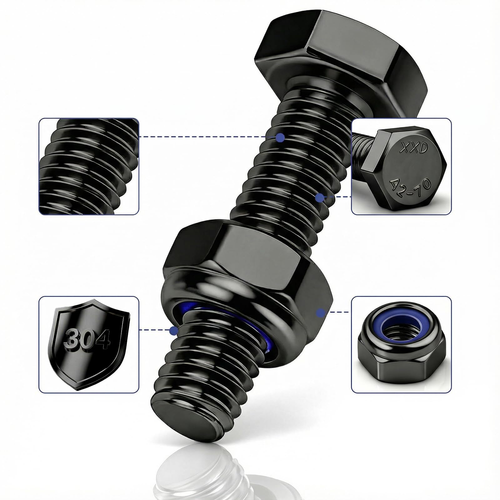 M6x16mm Bulloni 15 Pezzi Viti M6 Nere Viti Acciaio Inossidabile 304 DIN 933 Esagono Esterno con Dadi Autobloccanti per Macchine Condotti di Ventilazione Mobili