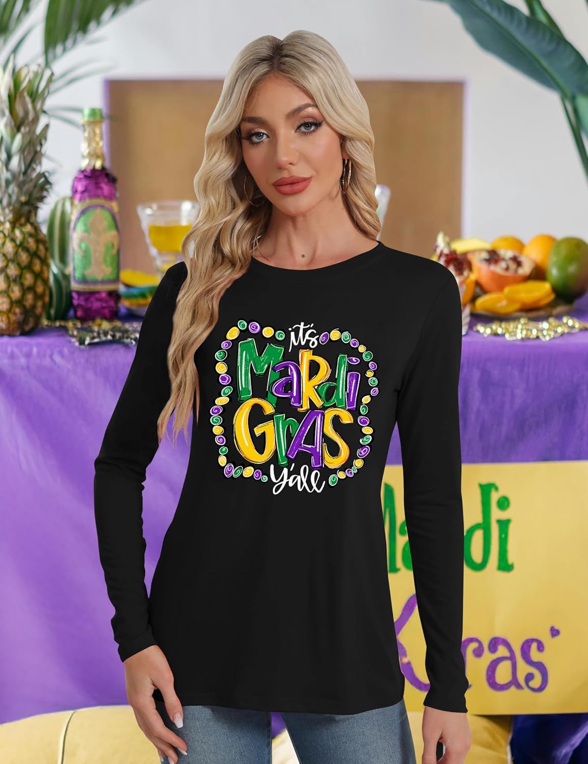 LAZYCHILD Mardi Gras Shirt for Women: Fat Tuesday Shirts Mardi Gras Long Sleeve New Orleans Carnival Party Tops - Image 5