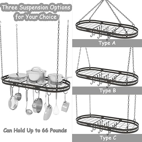 Miniatura 5 de Soporte de techo para ollas colgantes de 33 pulgadas, estante de metal negro con 15 ganchos, estante ovalado para colgar ollas y sartenes, estantes