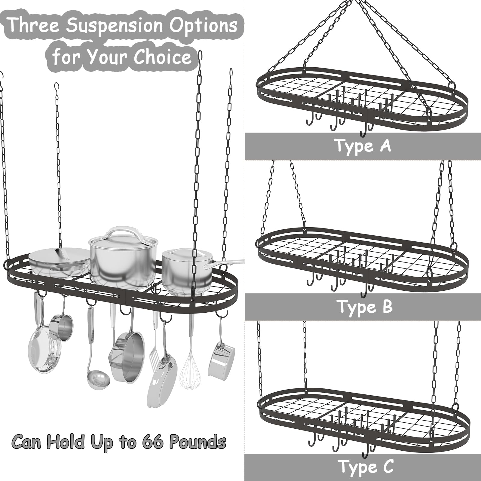 Soporte de techo para ollas colgantes de 33 pulgadas, estante de metal negro con 15 ganchos, estante ovalado para colgar ollas y sartenes, estantes colgantes de techo con rejilla, ganchos para 5
