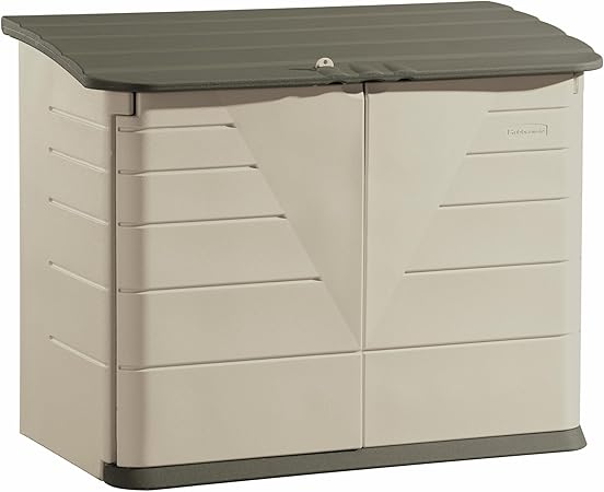 Rubbermaid Large Horizontal Resin Outdoor Storage Shed With Floor (5 x 4 Ft) Weather Resistant, Beige/Brown, Organization for Home/Backyard/Pool Chemicals/Toys/Garden Tools/Porch/Patio Cushions