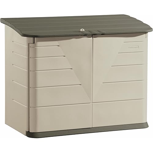Rubbermaid Large Horizontal Resin Outdoor Storage Shed With Floor (5 x 4 Ft) Weather Resistant, Beige/Brown, Organization for Home/Backyard/Pool Chemicals/Toys/Garden Tools/Porch/Patio Cushions