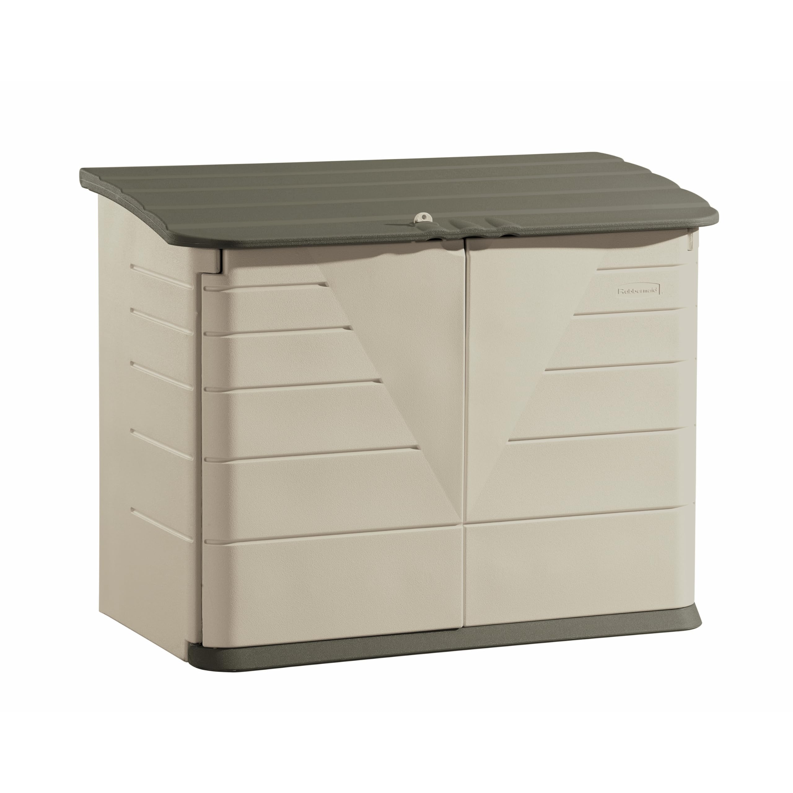 Photo 1 of [Missing Sides] Rubbermaid Large Horizontal Resin Outdoor Storage Shed With Floor (5 x 4 Ft) Weather Resistant, Beige/Brown, Organization for Home/Backyard/Pool Chemicals/Toys/Garden Tools/Porch/Patio Cushions