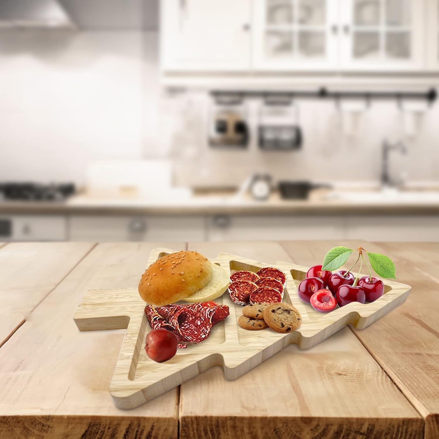 Bamboo Serving Platter, Multiple Spaces Reusable Bamboo Plates, Novel Shape Charcuterie Board Set with Knife & Fork, Fruit, Bread, Salad Plate for Christmas Thanksgiving (Christmas Tree) - Image 5