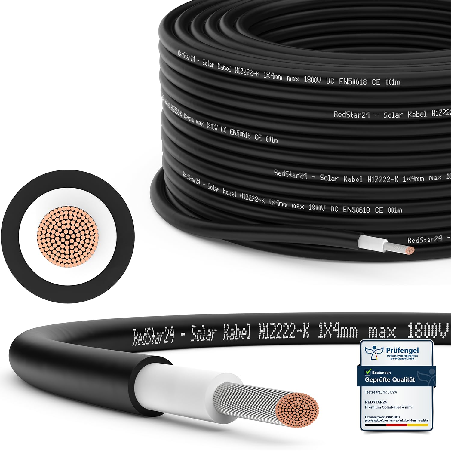 RedStar24 Premium Solarkabel 4mm² Schwarz - 100m - TÜV SÜD geprüft - UV-beständig, flexibel, Photovoltaik Kabel, PV Kabel, Solar Anschlusskabel für Solarpanel, Wechselrichter & Laderegler - langlebig