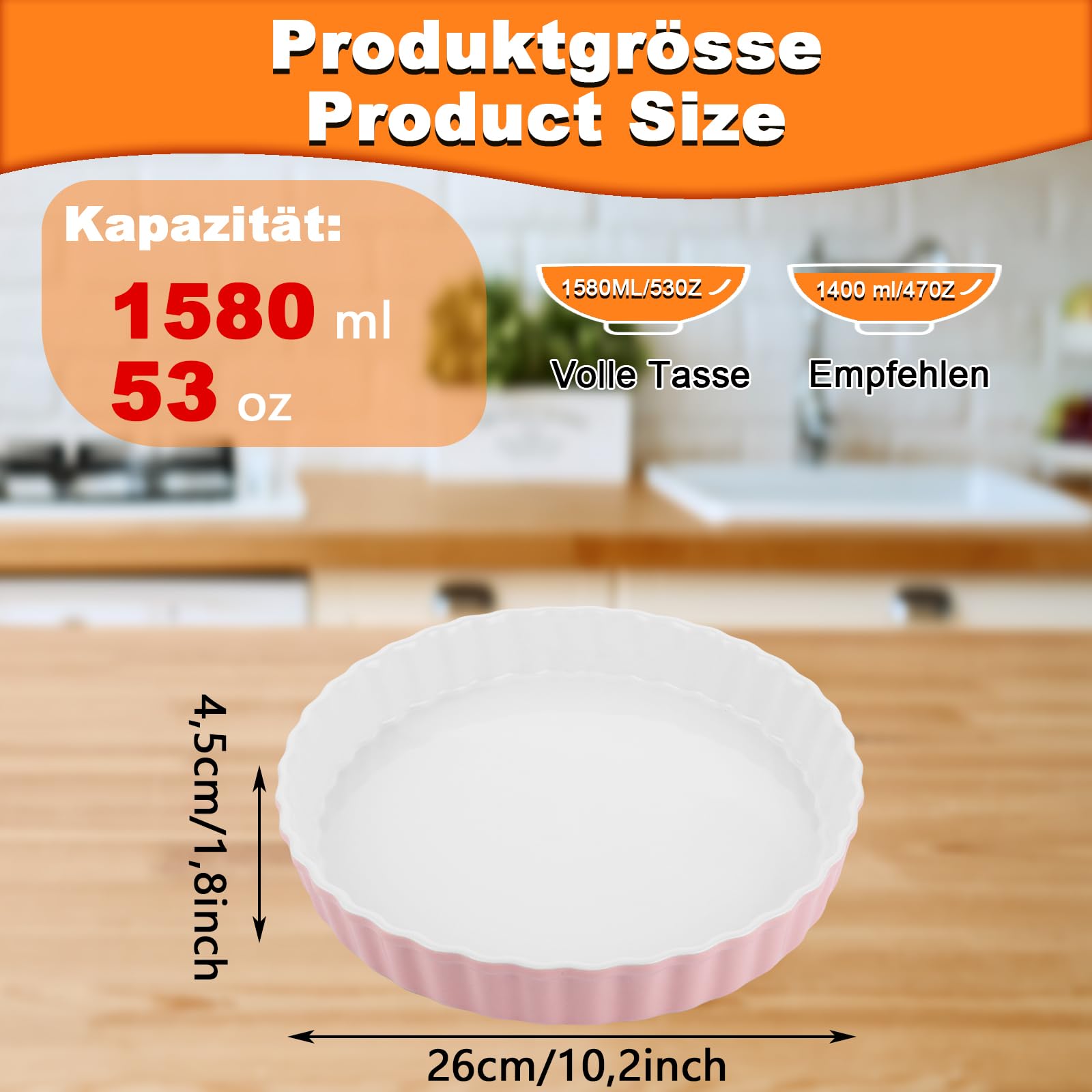 Ceramiczne naczynie do quiche, średnica 26 cm, okrągłe naczynie do tart, naczynie do zapiekanek, okrągłe, różowe, 26 x 26 x 4 cm