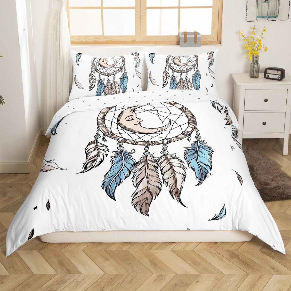 King Dreamcatcher poszewka na kołdrę dla dzieci, chłopców, dziewcząt, zestaw pościeli boho łapacz snów, zestawy łóżek z piórami w stylu boho, plemienna poszewka na kołdrę z 2 poszewkami na poduszki,