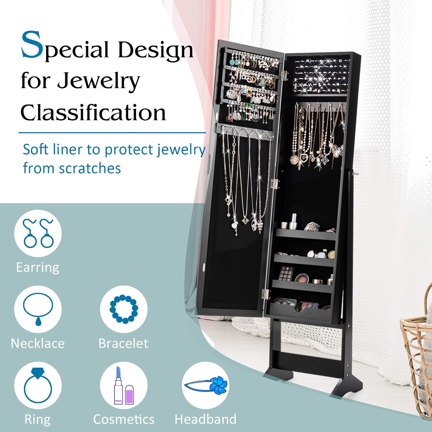 Giantex Jewelry Cabinet with Full-Length Mirror, Standing Jewelry Armoire Organizer with 64 Earring Slots, 20 Necklace Hooks, 72 Ring Slots, 4 Shelves for Makeup, 3 Angel Adjustable (Black) : Clothing, Shoes & Jewelry